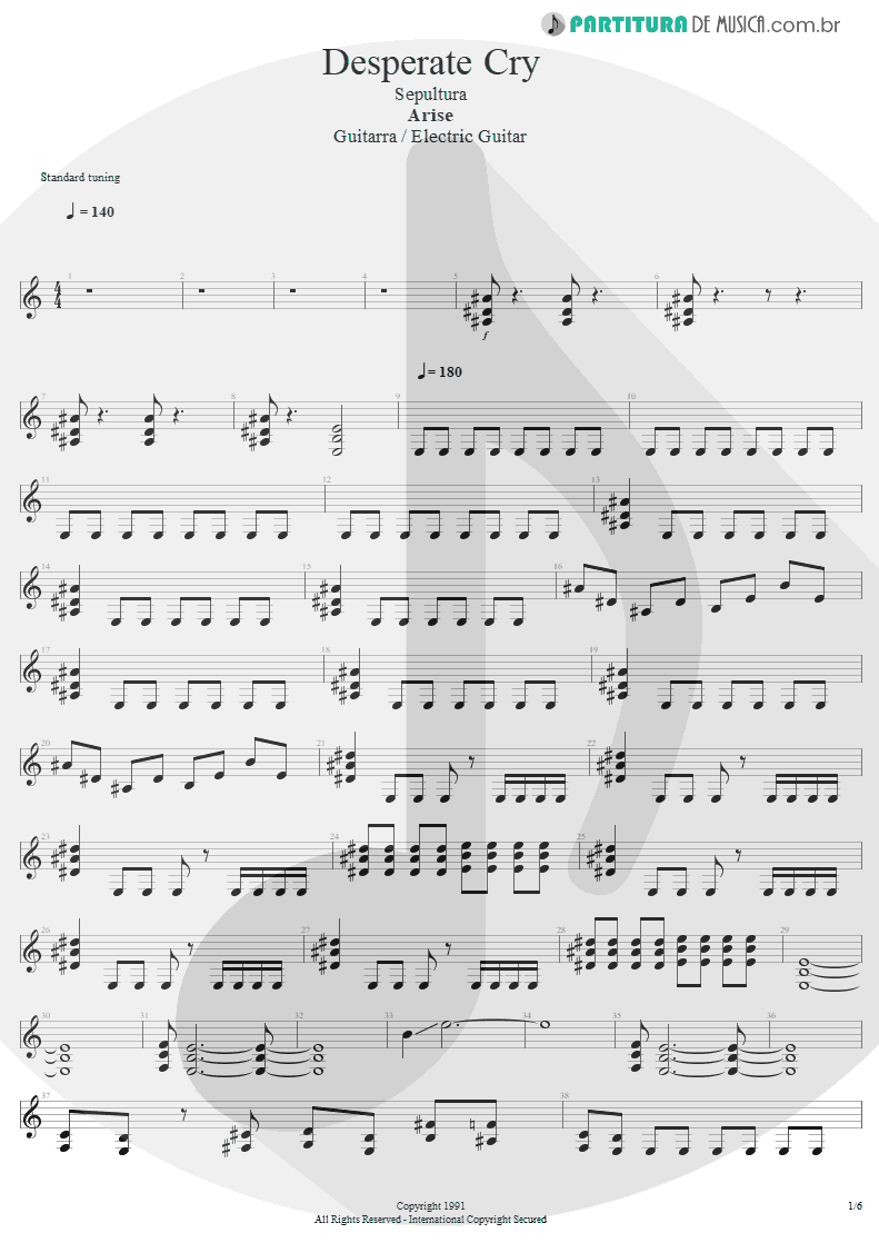 Partitura de musica de Guitarra Elétrica - Desperate Cry | Sepultura | Arise 1991 - pag 1