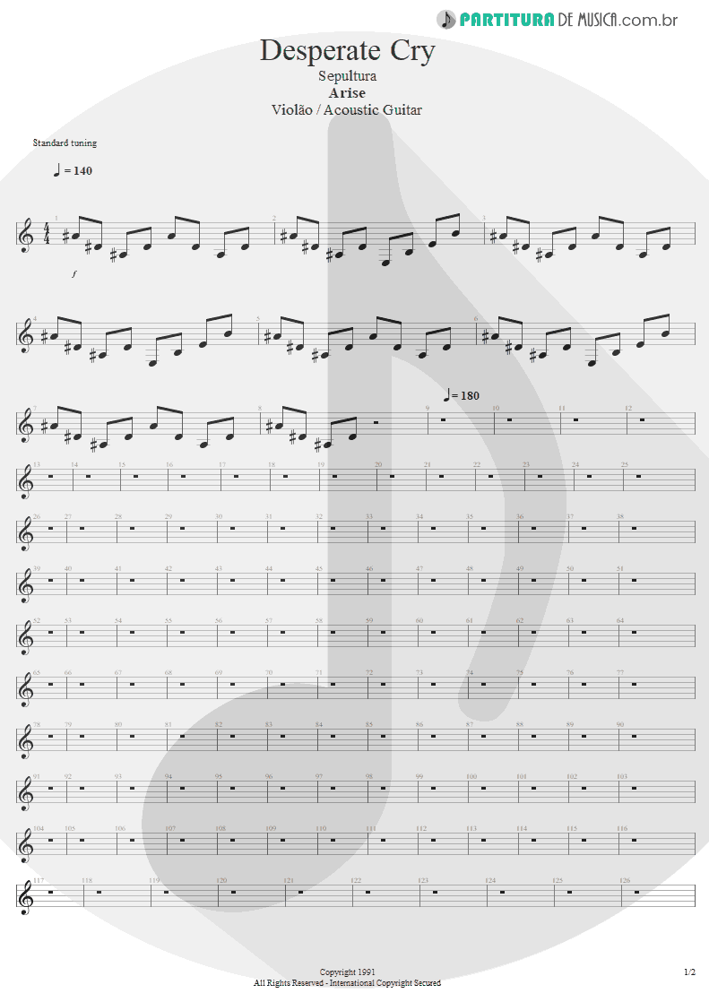 Partitura de musica de Violão - Desperate Cry | Sepultura | Arise 1991 - pag 1