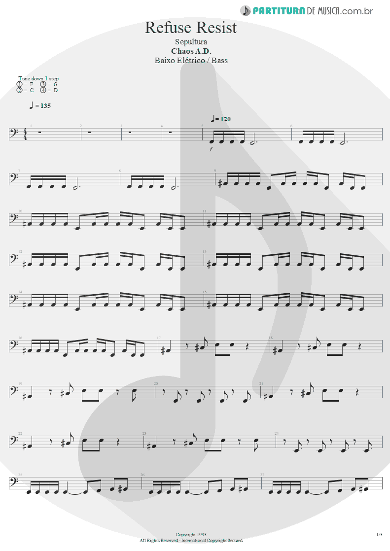 Partitura de musica de Baixo Elétrico - Refuse/Resist | Sepultura | Chaos A.D. 1993 - pag 1