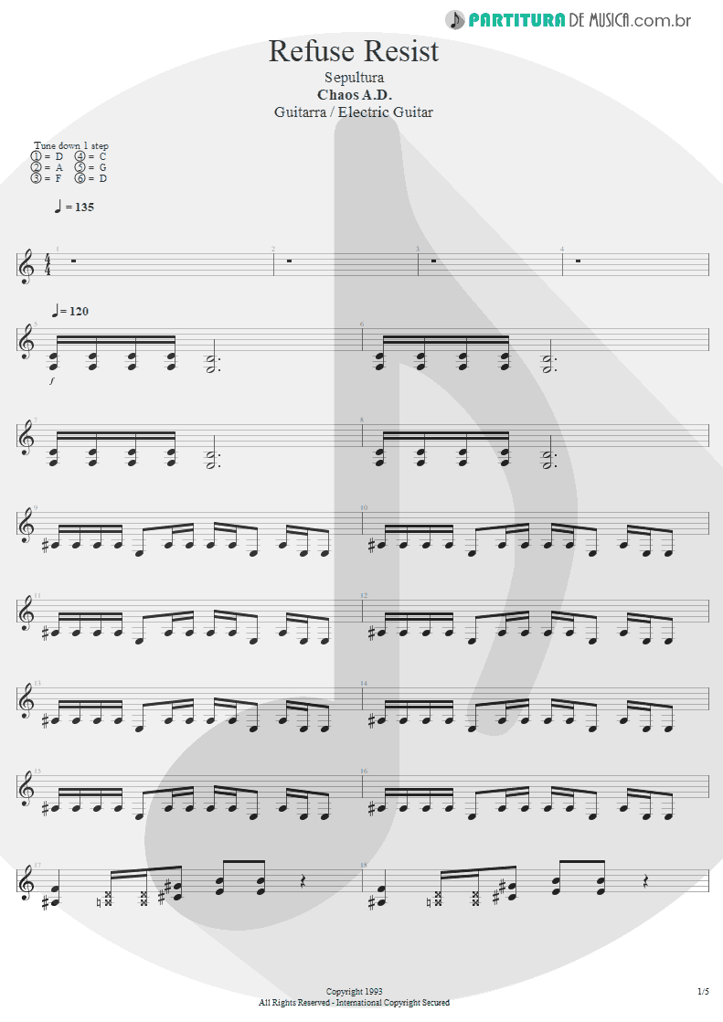 Partitura de musica de Guitarra Elétrica - Refuse/Resist | Sepultura | Chaos A.D. 1993 - pag 1