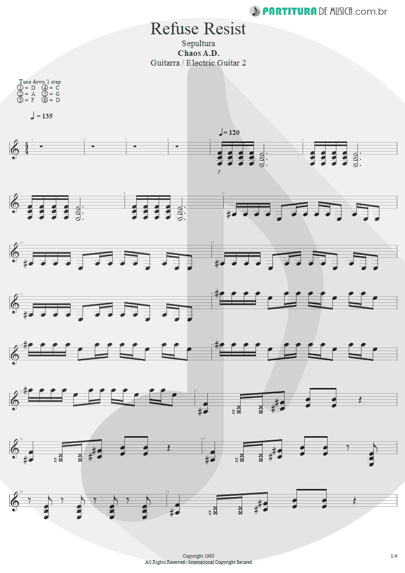 Partitura de musica de Guitarra Elétrica - Refuse/Resist | Sepultura | Chaos A.D. 1993 - pag 1