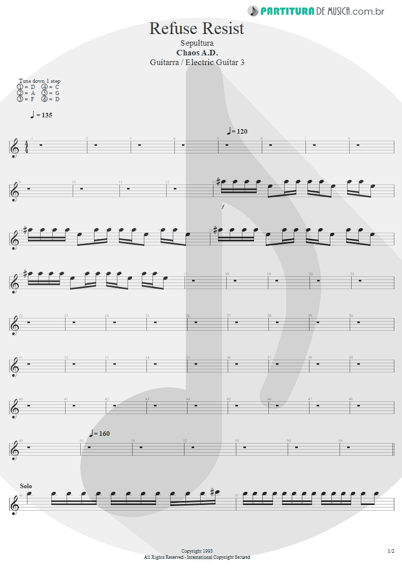 Partitura de musica de Guitarra Elétrica - Refuse/Resist | Sepultura | Chaos A.D. 1993 - pag 1