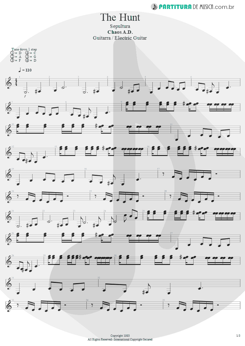 Partitura de musica de Guitarra Elétrica - The Hunt | Sepultura | Chaos A.D. 1993 - pag 1