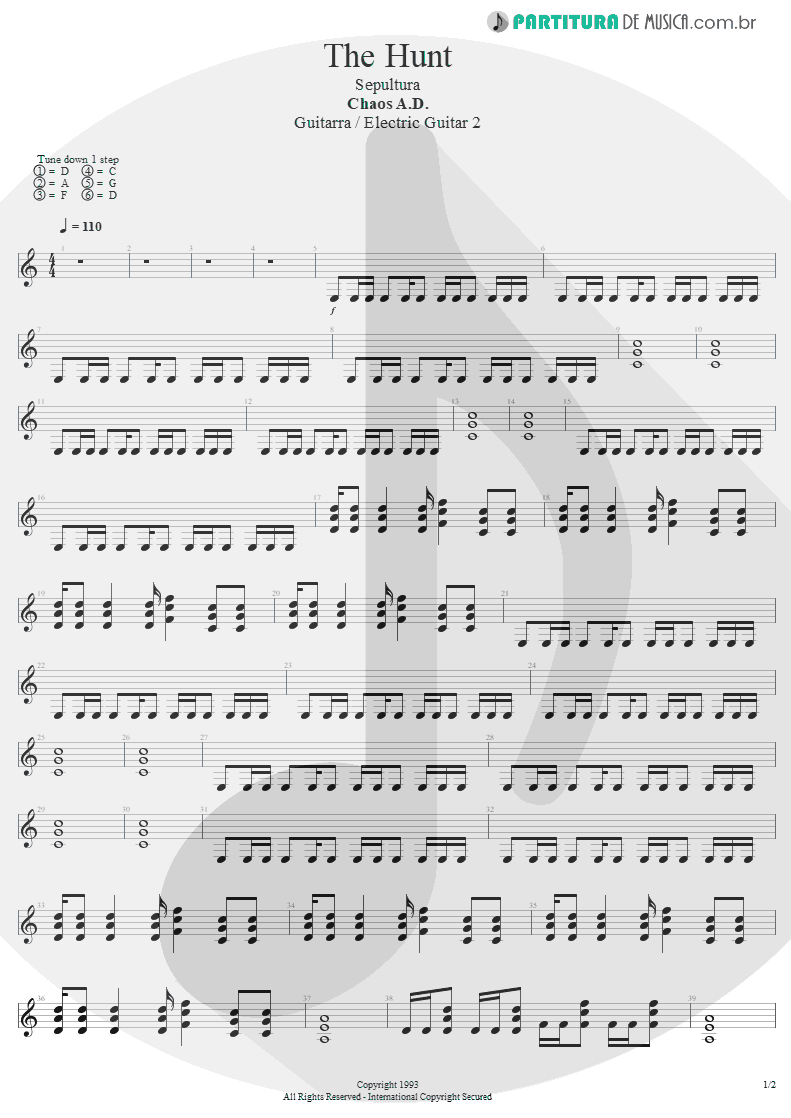 Partitura de musica de Guitarra Elétrica - The Hunt | Sepultura | Chaos A.D. 1993 - pag 1