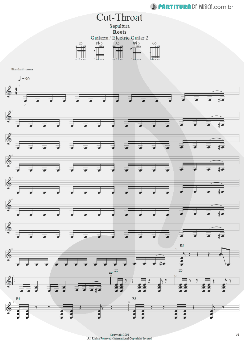 Partitura de musica de Guitarra Elétrica - Cut-Throat | Sepultura | Roots 1996 - pag 1