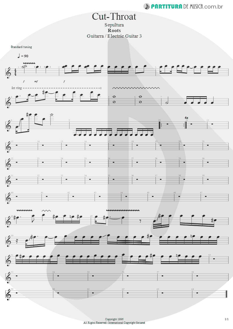 Partitura de musica de Guitarra Elétrica - Cut-Throat | Sepultura | Roots 1996 - pag 1