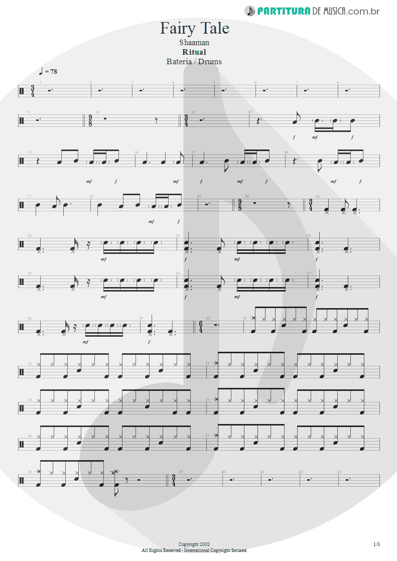 Partitura de musica de Bateria - Fairy Tale | Shaaman | Ritual 2002 - pag 1