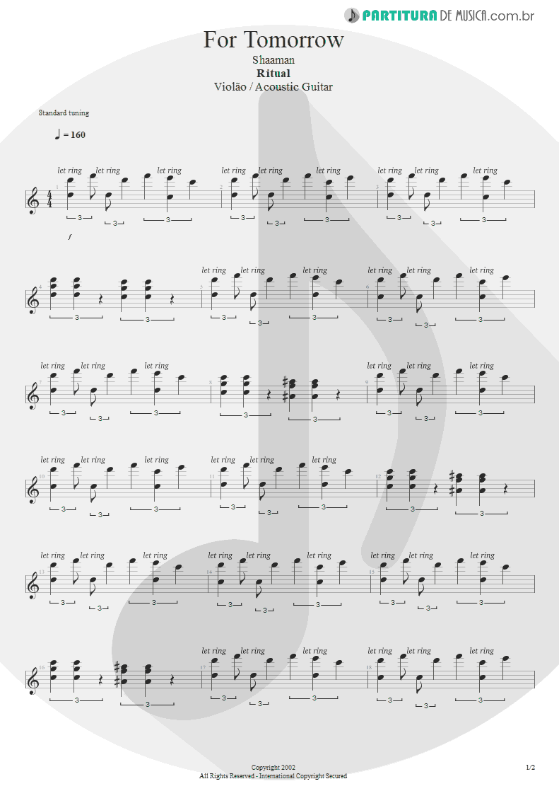 Partitura de musica de Violão - For Tomorrow | Shaaman | Ritual 2002 - pag 1