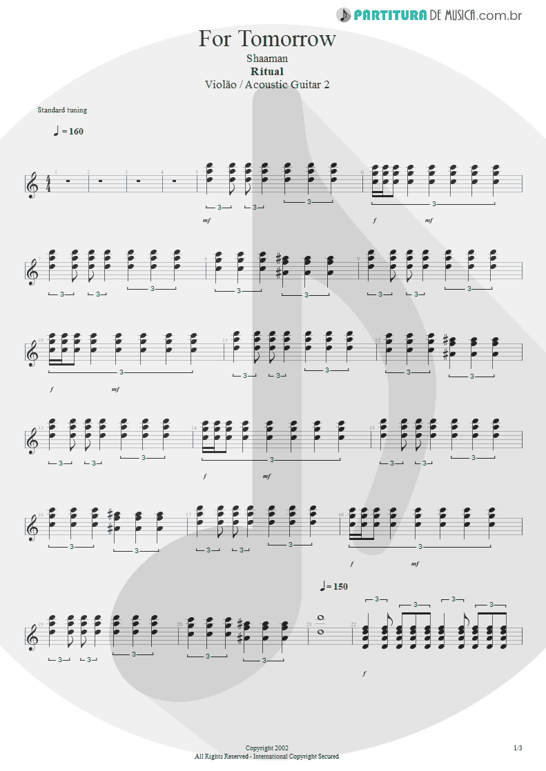 Partitura de musica de Violão - For Tomorrow | Shaaman | Ritual 2002 - pag 1