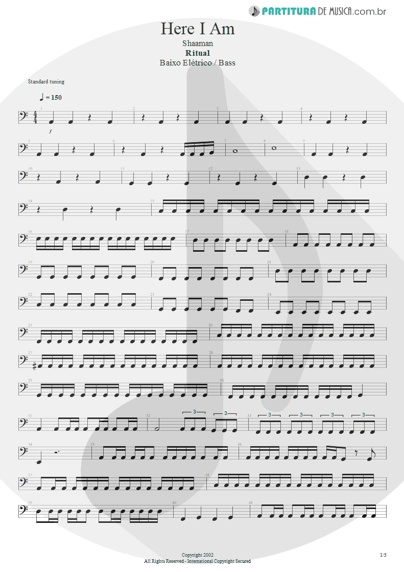 Partitura de musica de Baixo Elétrico - Here I Am | Shaaman | Ritual 2002 - pag 1