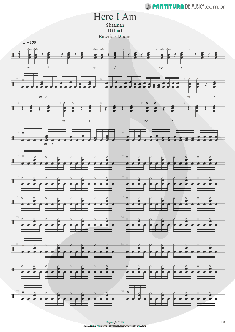 Partitura de musica de Bateria - Here I Am | Shaaman | Ritual 2002 - pag 1