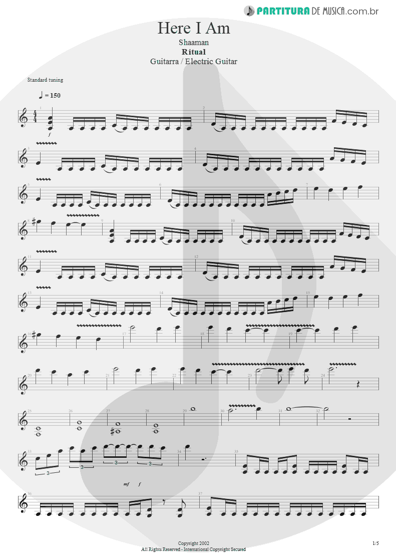 Partitura de musica de Guitarra Elétrica - Here I Am | Shaaman | Ritual 2002 - pag 1