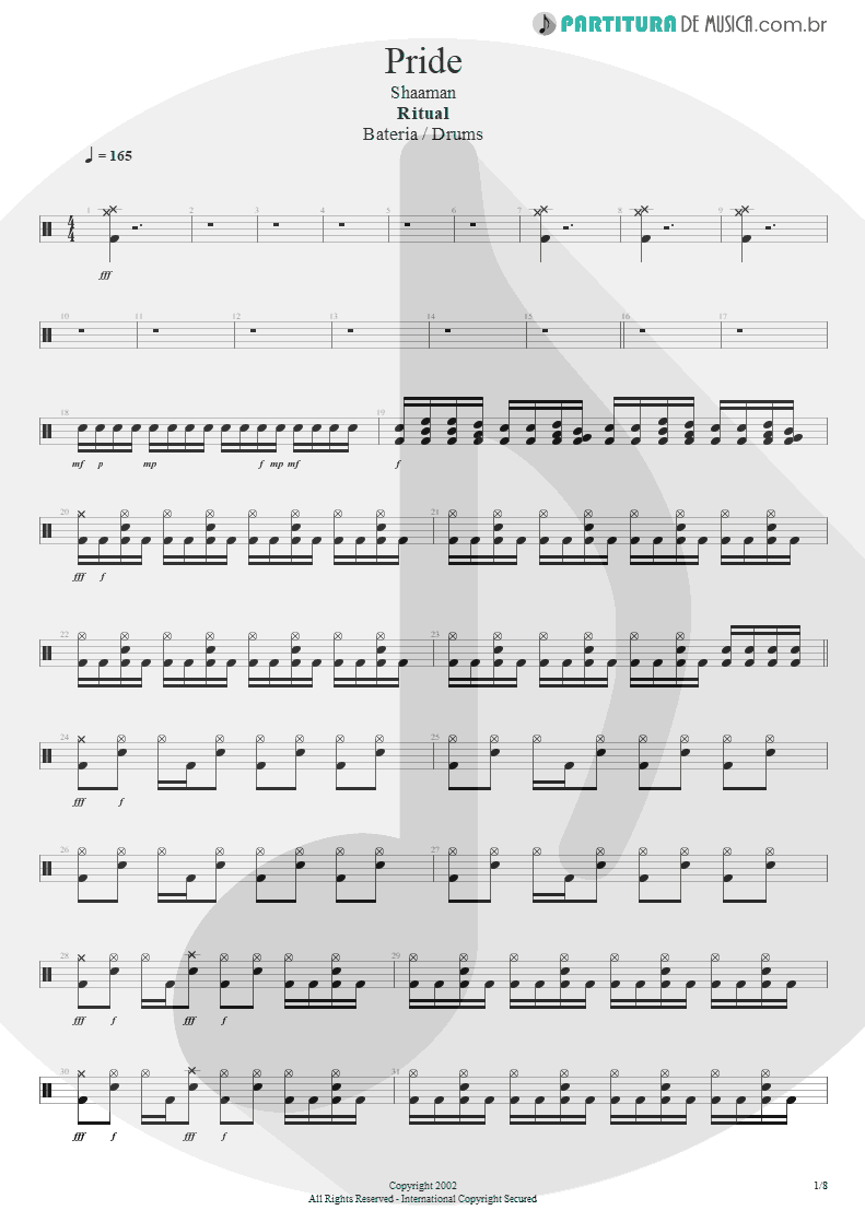 Partitura de musica de Bateria - Pride | Shaaman | Ritual 2002 - pag 1
