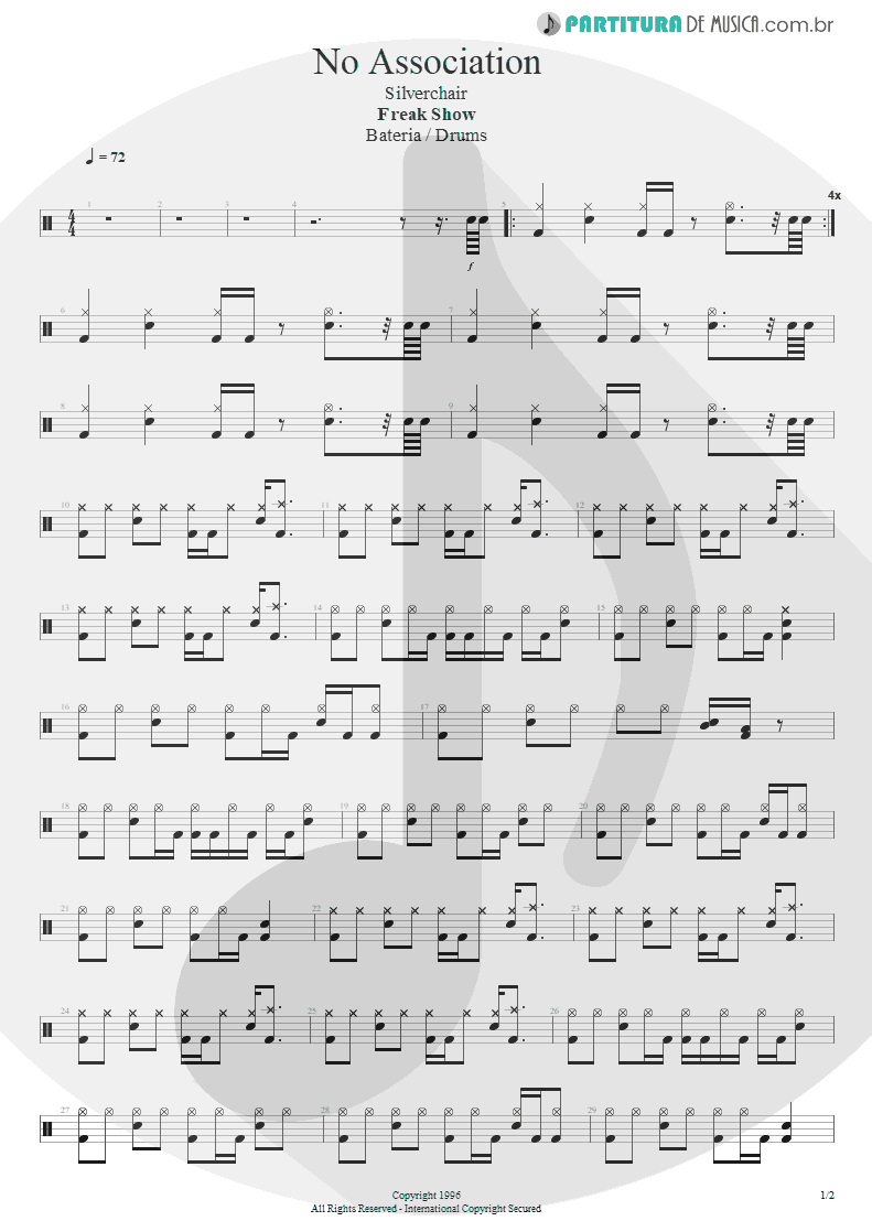 Partitura de musica de Bateria - No Association | Silverchair | Freak Show 1996 - pag 1
