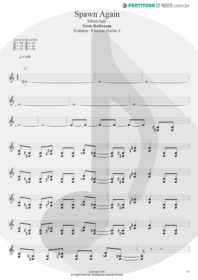 Partitura de musica de Guitarra Elétrica - Spawn Again | Silverchair | Neon Ballroom 1999 - pag 1