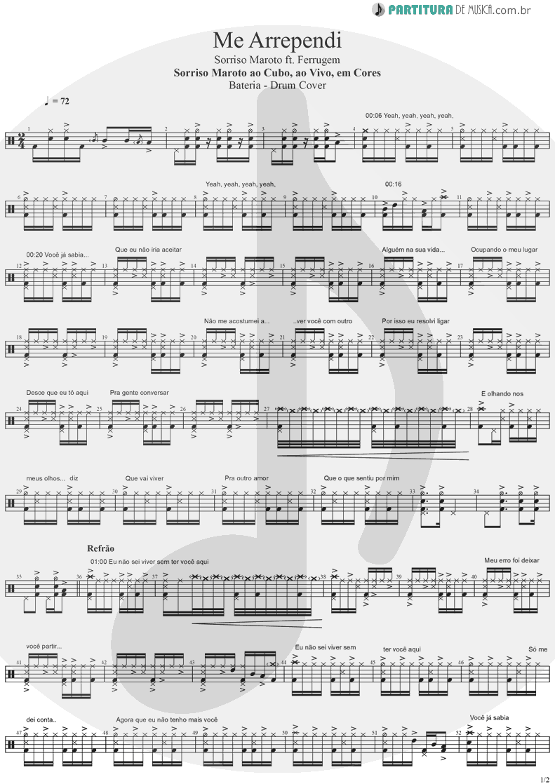 Partitura de musica de Bateria - Me Arrependi | Sorriso Maroto | Sorriso Maroto Ao Cubo, Ao Vivo, Em Cores 2019 - pag 1