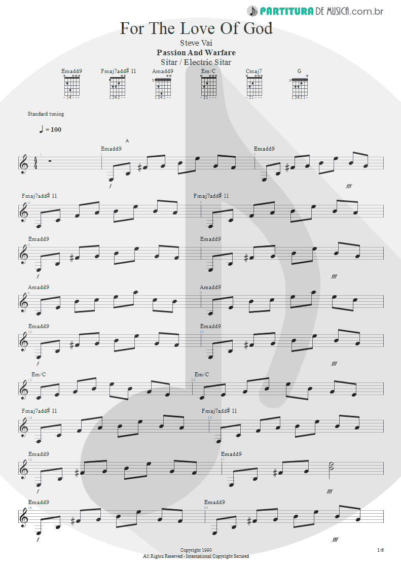 Partitura de musica de Sitar - For The Love Of God | Steve Vai | Passion and Warfare 1990 - pag 1