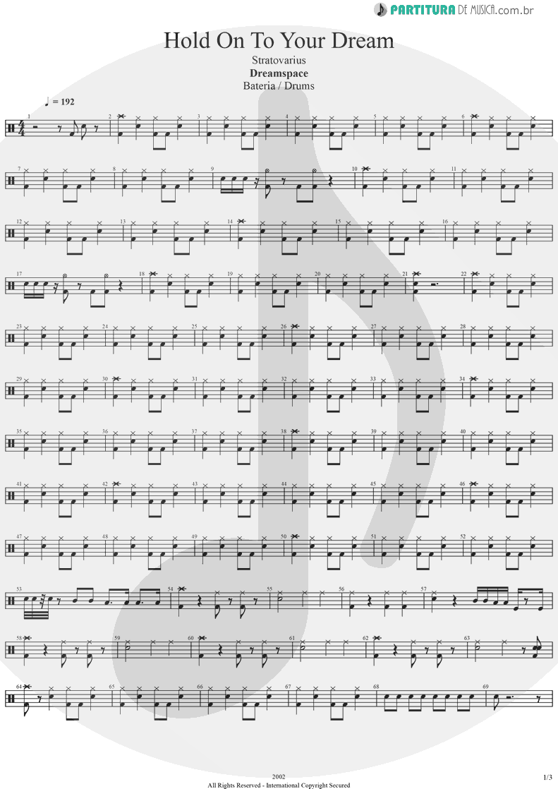 Partitura de musica de Bateria - Hold On To Your Dream | Stratovarius | Dreamspace 1994 - pag 1