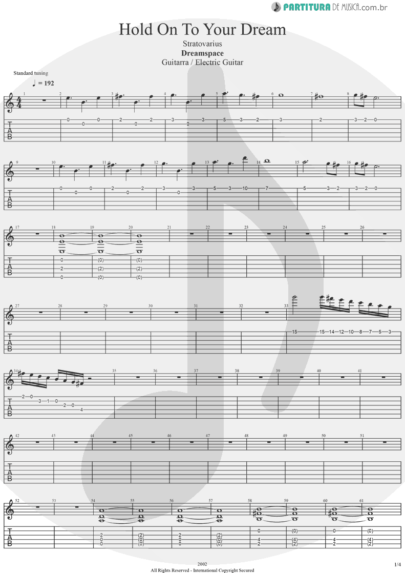 Tablatura + Partitura de musica de Guitarra Elétrica - Hold On To Your Dream | Stratovarius | Dreamspace 1994 - pag 1