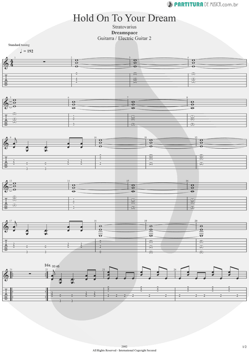 Tablatura + Partitura de musica de Guitarra Elétrica - Hold On To Your Dream | Stratovarius | Dreamspace 1994 - pag 1