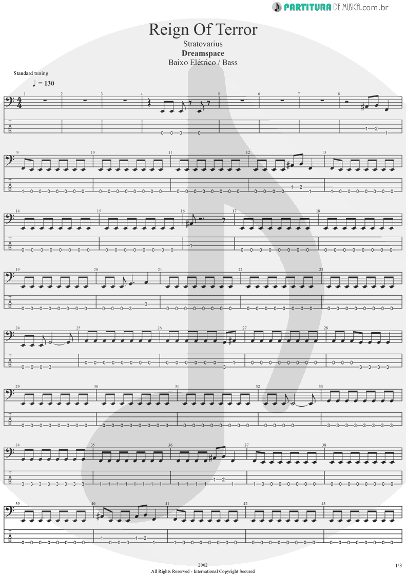 Tablatura + Partitura de musica de Baixo Elétrico - Reign Of Terror | Stratovarius | Dreamspace 1994 - pag 1