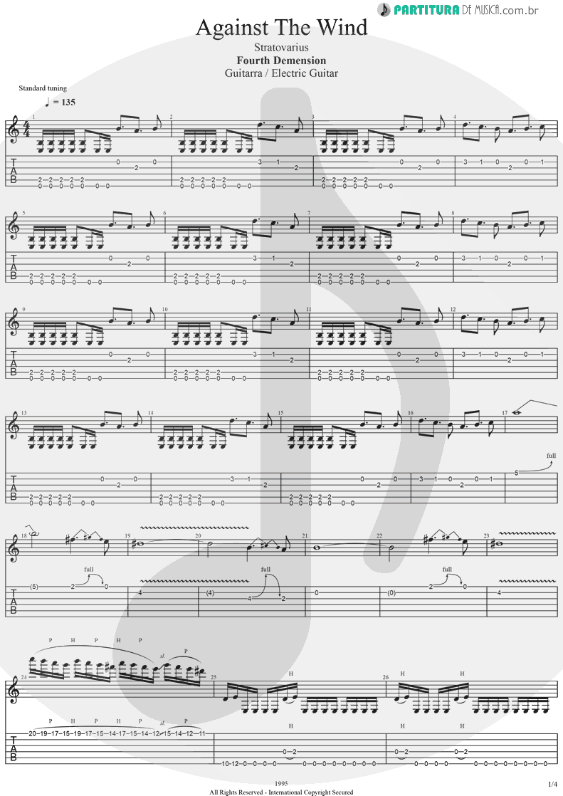 Tablatura + Partitura de musica de Guitarra Elétrica - Against The Wind | Stratovarius | Fourth Dimension 1995 - pag 1