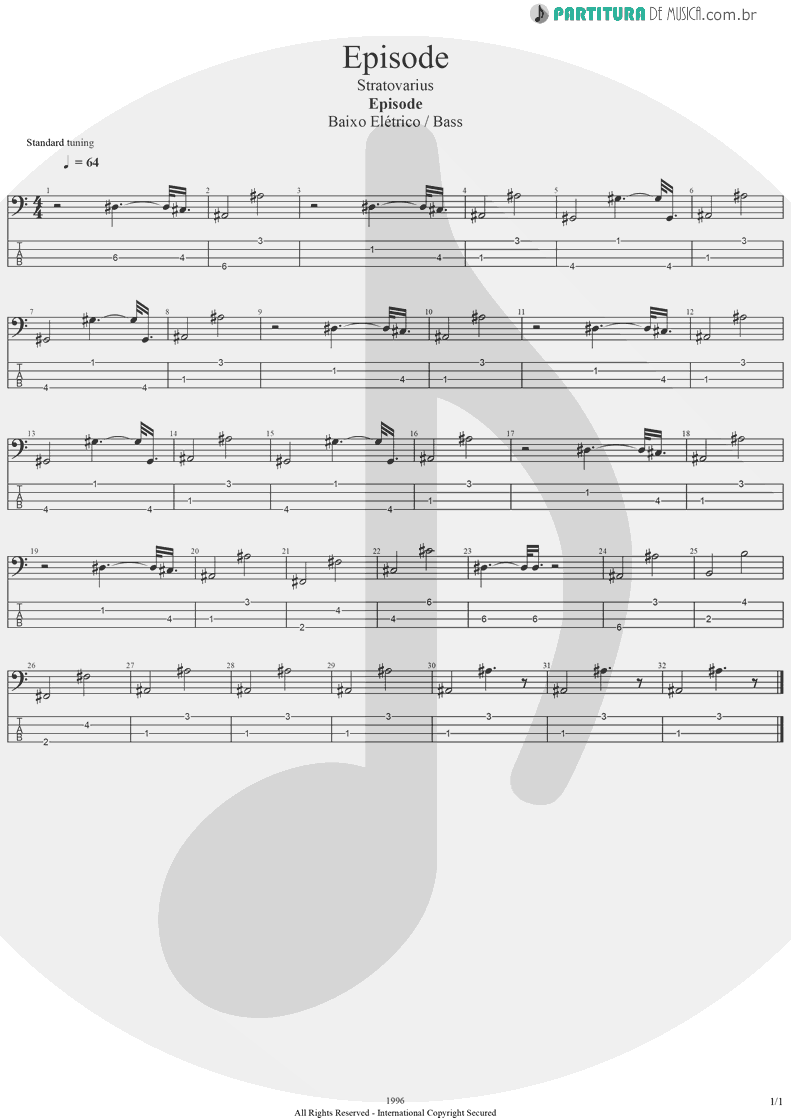 Tablatura + Partitura de musica de Baixo Elétrico - Episode | Stratovarius | Episode 1996 - pag 1