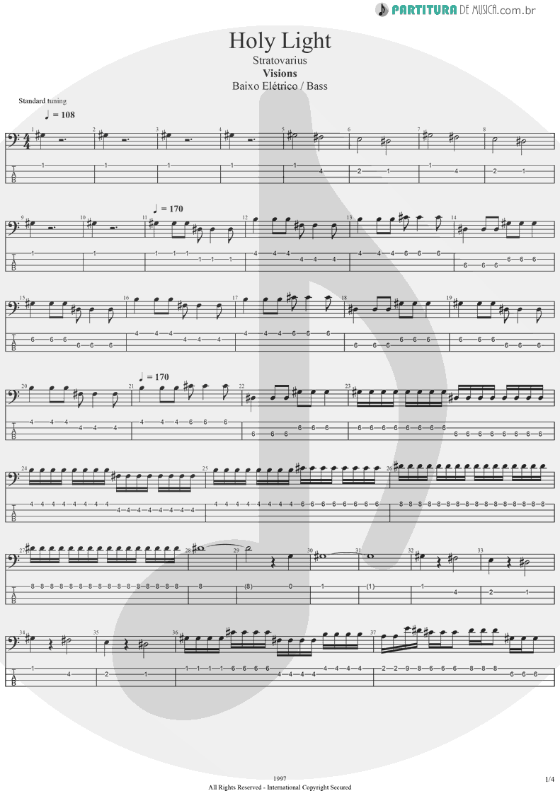Tablatura + Partitura de musica de Baixo Elétrico - Holy Light | Stratovarius | Visions 1997 - pag 1