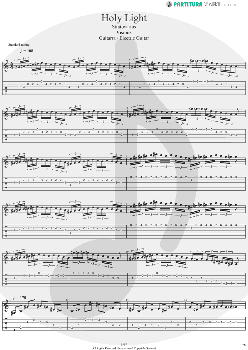 Tablatura + Partitura de musica de Guitarra Elétrica - Holy Light | Stratovarius | Visions 1997 - pag 1