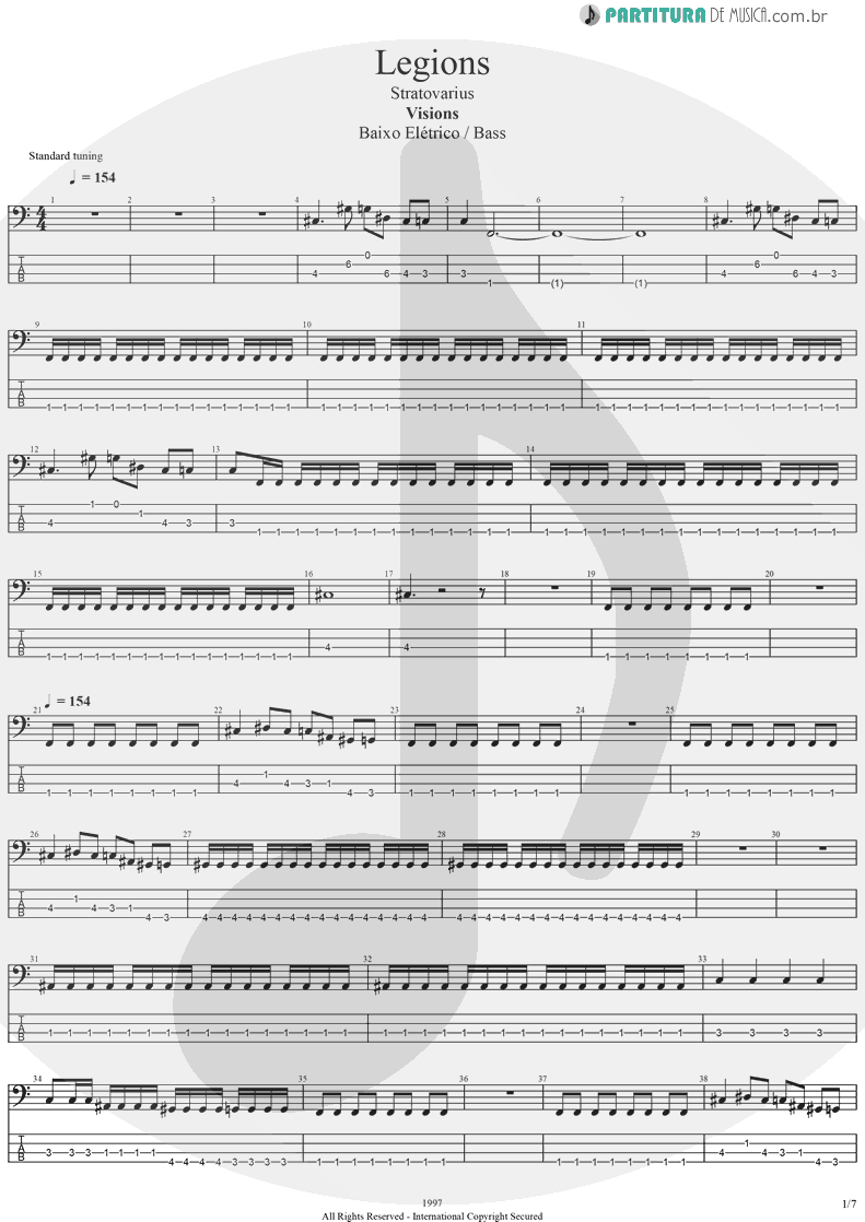 Tablatura + Partitura de musica de Baixo Elétrico - Legions | Stratovarius | Visions 1997 - pag 1