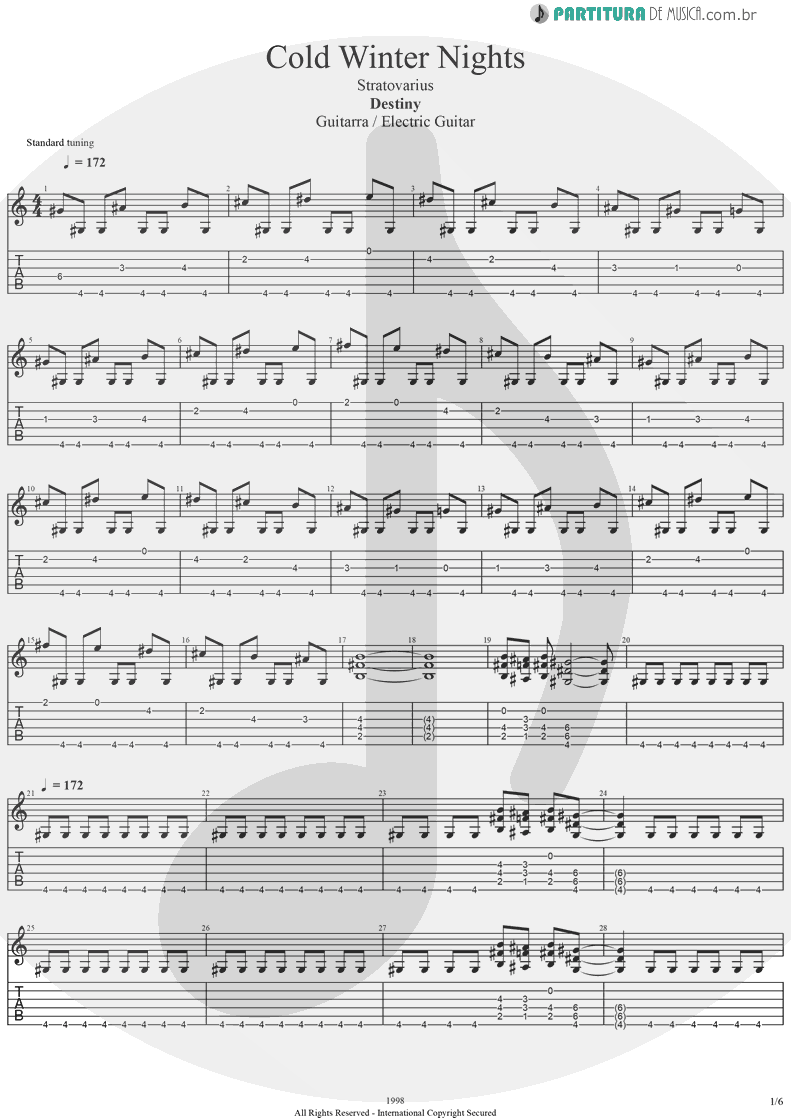 Tablatura + Partitura de musica de Guitarra Elétrica - Cold Winter Nights | Stratovarius | Destiny 1998 - pag 1