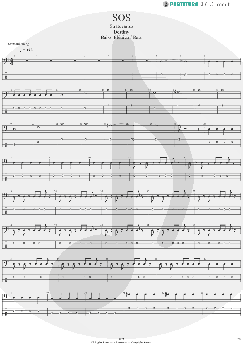 Tablatura + Partitura de musica de Baixo Elétrico - SOS | Stratovarius | Destiny 1998 - pag 1