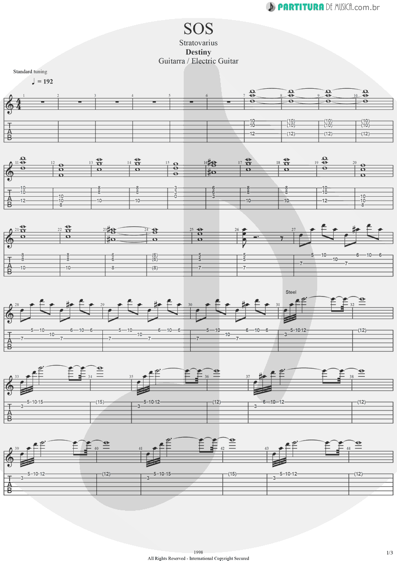 Tablatura + Partitura de musica de Guitarra Elétrica - SOS | Stratovarius | Destiny 1998 - pag 1