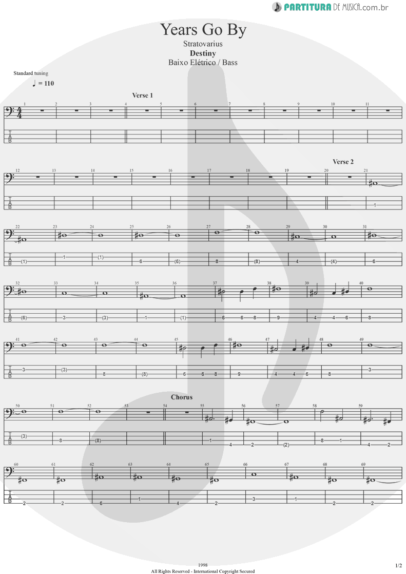 Tablatura + Partitura de musica de Baixo Elétrico - Years Go By | Stratovarius | Destiny 1998 - pag 1