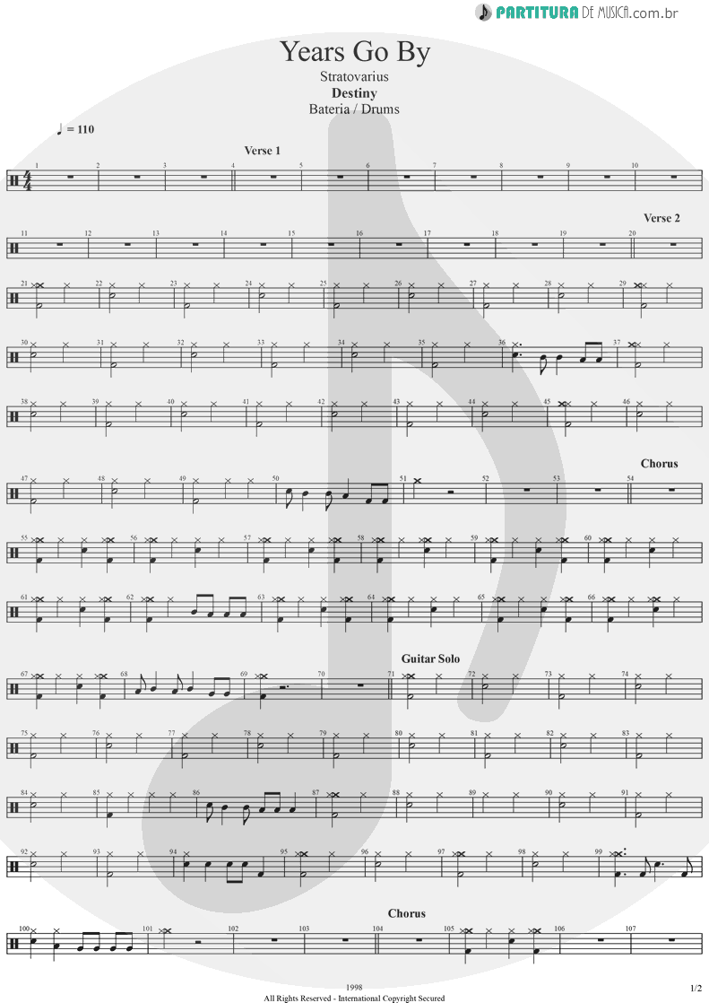 Partitura de musica de Bateria - Years Go By | Stratovarius | Destiny 1998 - pag 1