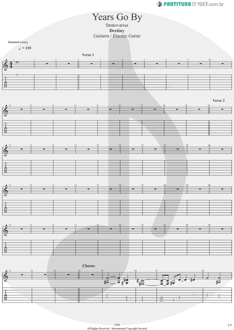 Tablatura + Partitura de musica de Guitarra Elétrica - Years Go By | Stratovarius | Destiny 1998 - pag 1