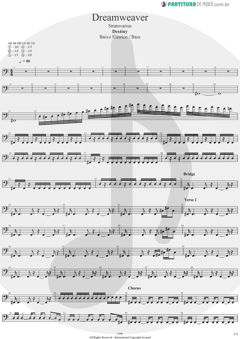 Partitura de musica de Baixo Elétrico - Dreamweaver | Stratovarius | Elements, Pt. 2 1998 - pag 1