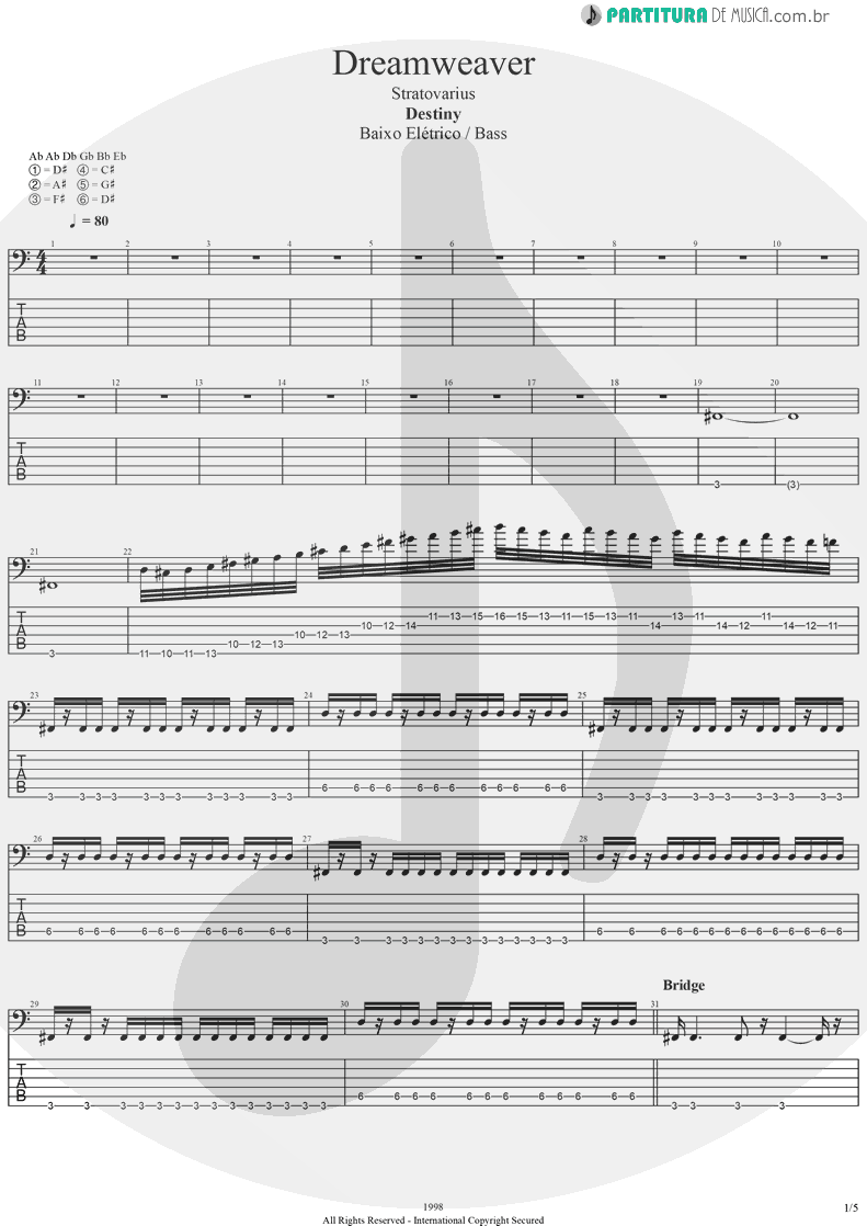 Tablatura + Partitura de musica de Baixo Elétrico - Dreamweaver | Stratovarius | Elements, Pt. 2 1998 - pag 1