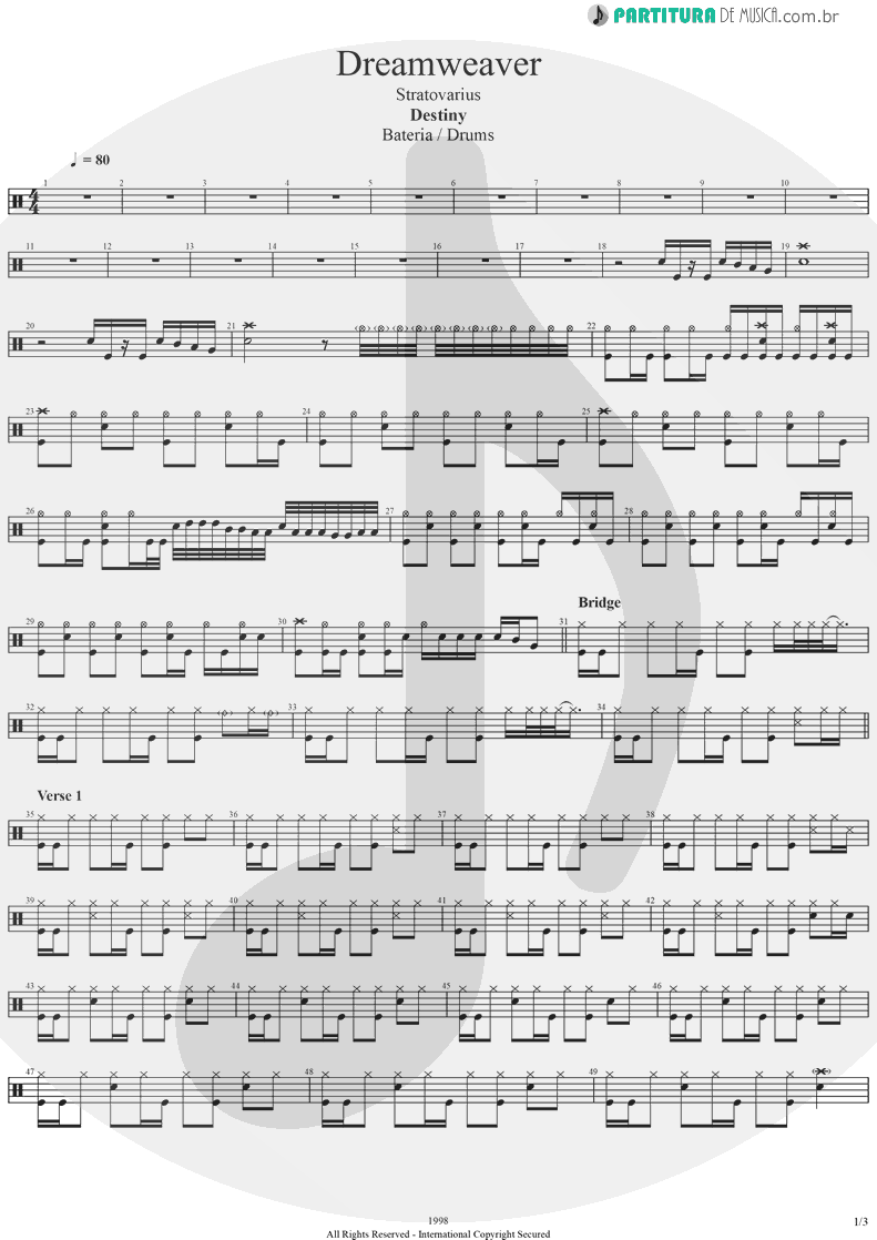 Partitura de musica de Bateria - Dreamweaver | Stratovarius | Elements, Pt. 2 1998 - pag 1