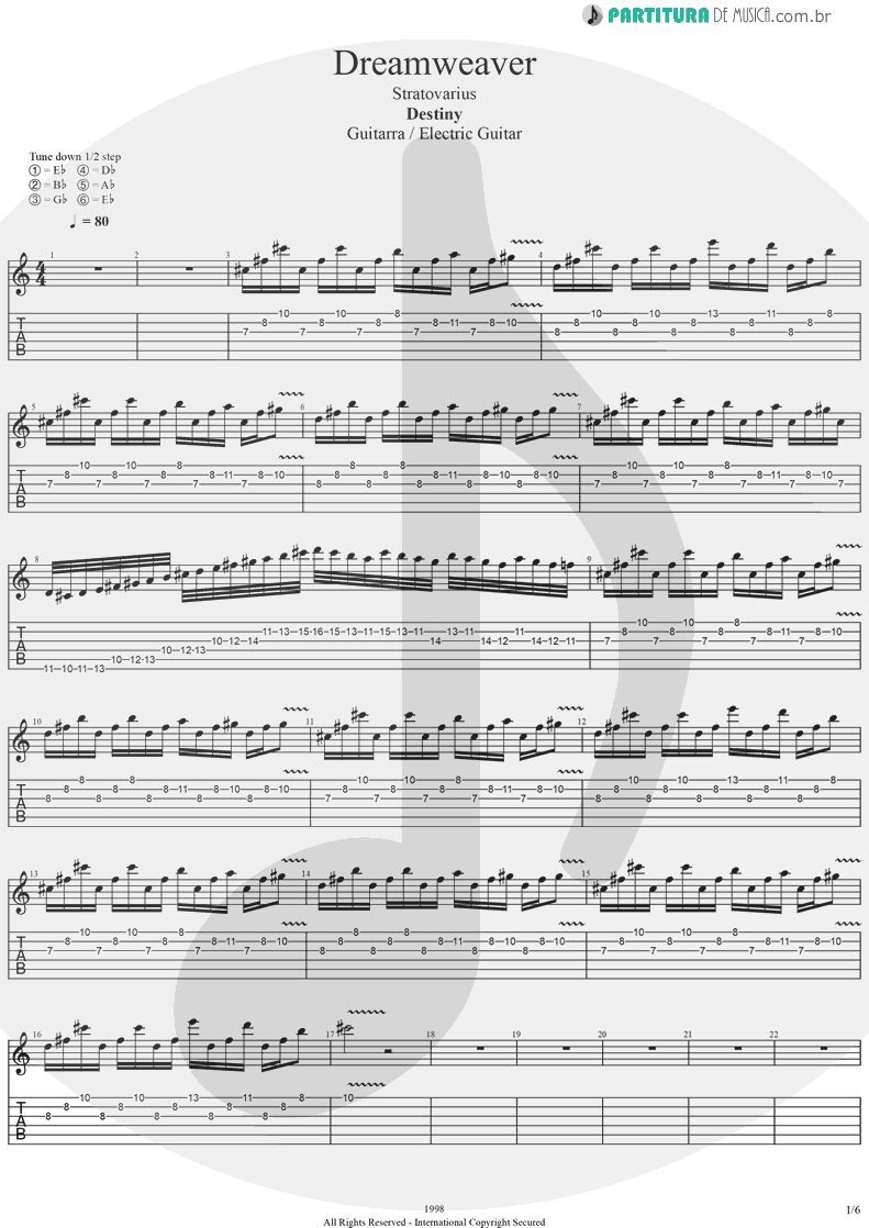 Tablatura + Partitura de musica de Guitarra Elétrica - Dreamweaver | Stratovarius | Elements, Pt. 2 1998 - pag 1