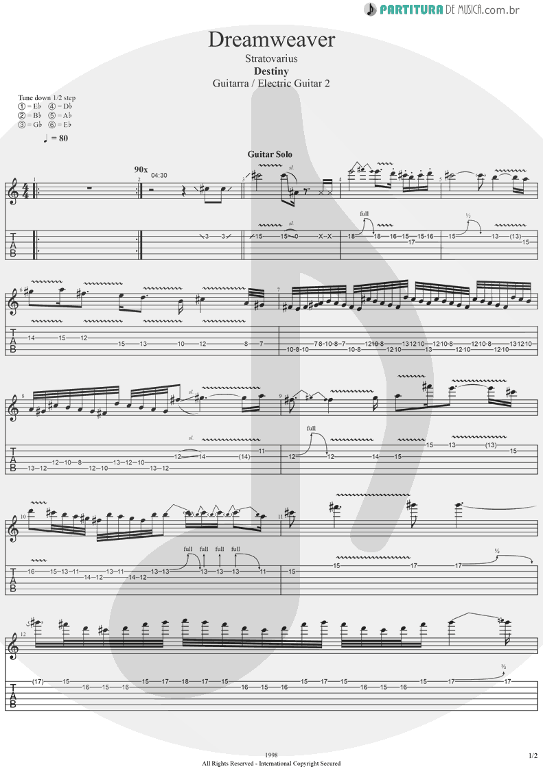 Tablatura + Partitura de musica de Guitarra Elétrica - Dreamweaver | Stratovarius | Elements, Pt. 2 1998 - pag 1