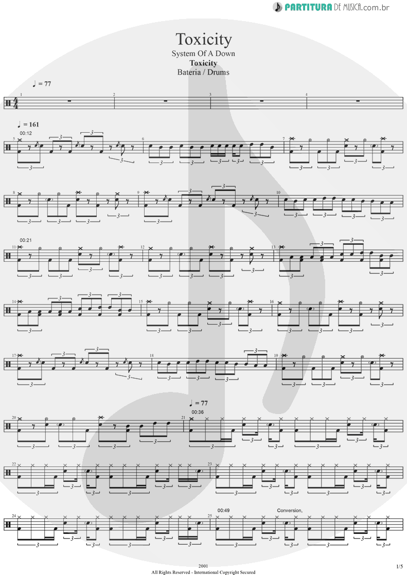 Partitura de musica de Bateria - Toxicity | System Of A Down | Toxicity 2001 - pag 1