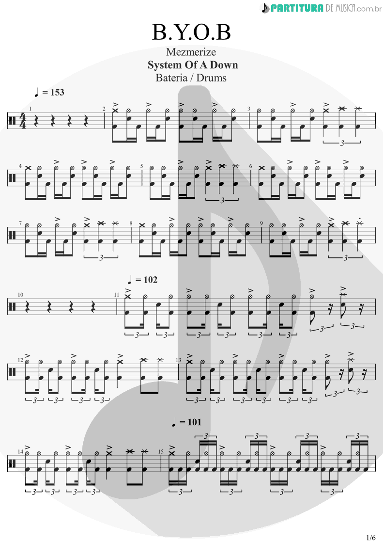 Partitura de musica de Bateria - BYOB | System Of A Down | Mezmerize 2005 - pag 1