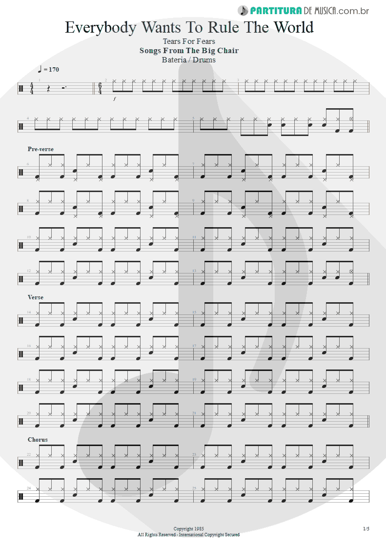 Partitura de musica de Bateria - Everybody Wants To Rule The World | Tears for Fears | Songs from the Big Chair 1985 - pag 1