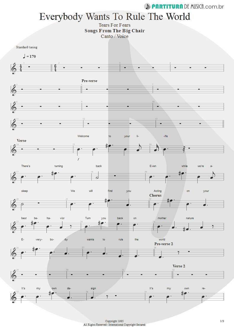 Partitura de musica de Canto - Everybody Wants To Rule The World | Tears for Fears | Songs from the Big Chair 1985 - pag 1