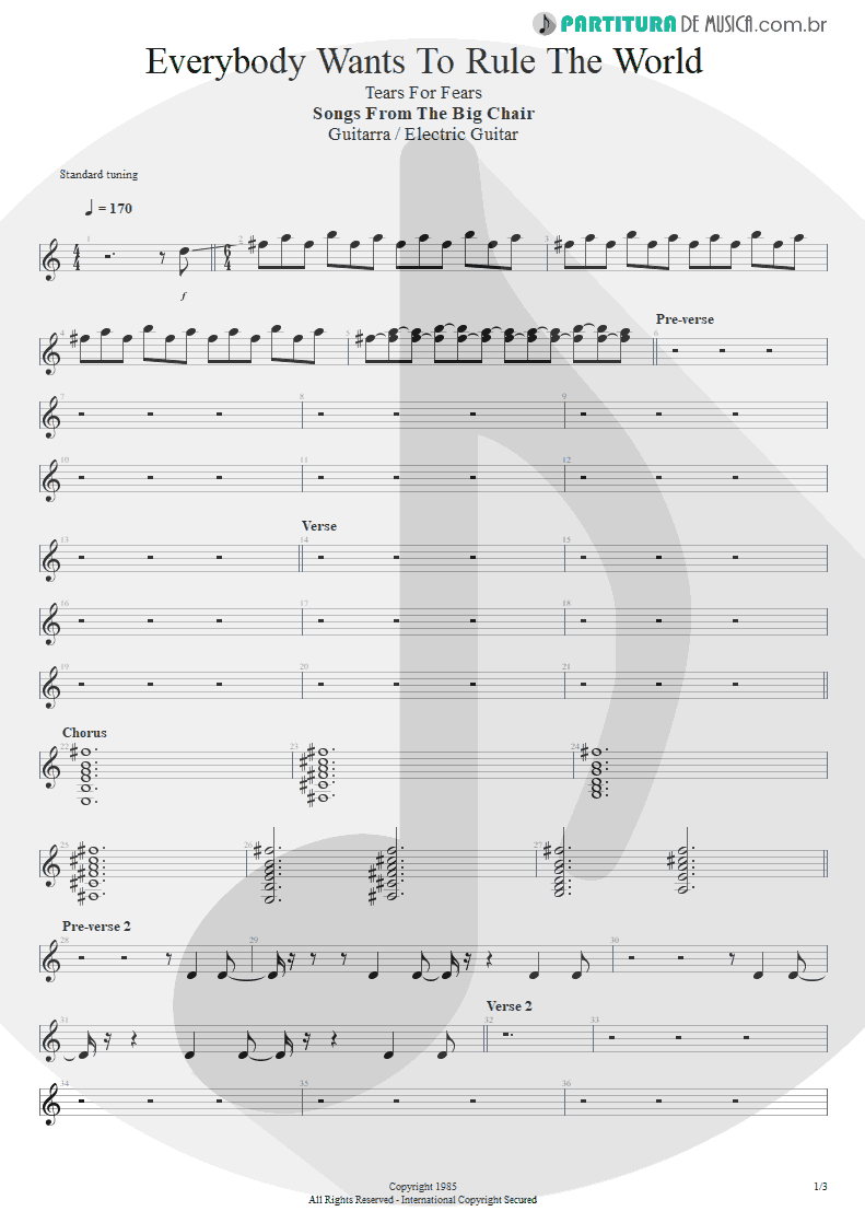 Partitura de musica de Guitarra Elétrica - Everybody Wants To Rule The World | Tears for Fears | Songs from the Big Chair 1985 - pag 1