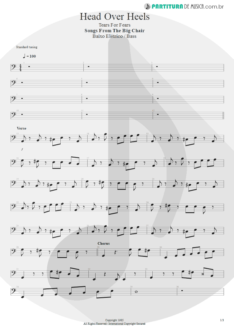 Partitura de musica de Baixo Elétrico - Head Over Heels | Tears for Fears | Songs from the Big Chair 1985 - pag 1