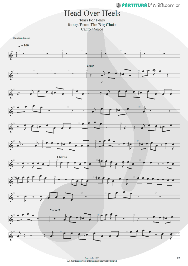 Partitura de musica de Canto - Head Over Heels | Tears for Fears | Songs from the Big Chair 1985 - pag 1
