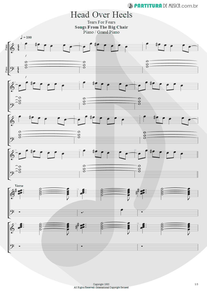 Partitura de musica Piano Head Over Heels Tears for Fears Songs