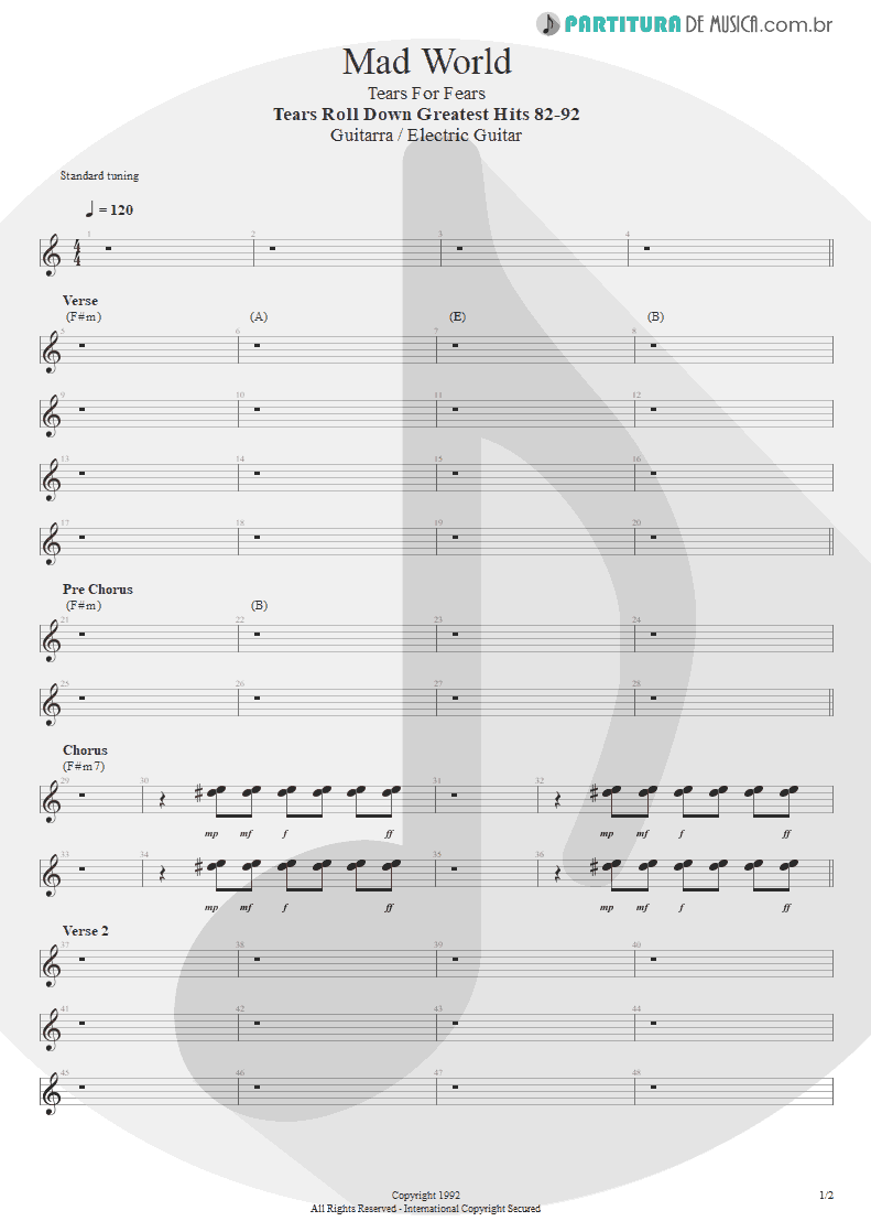 Partitura de musica de Guitarra Elétrica - Mad World | Tears for Fears | Tears Roll Down - Greatest Hits 82-92 1992 - pag 1